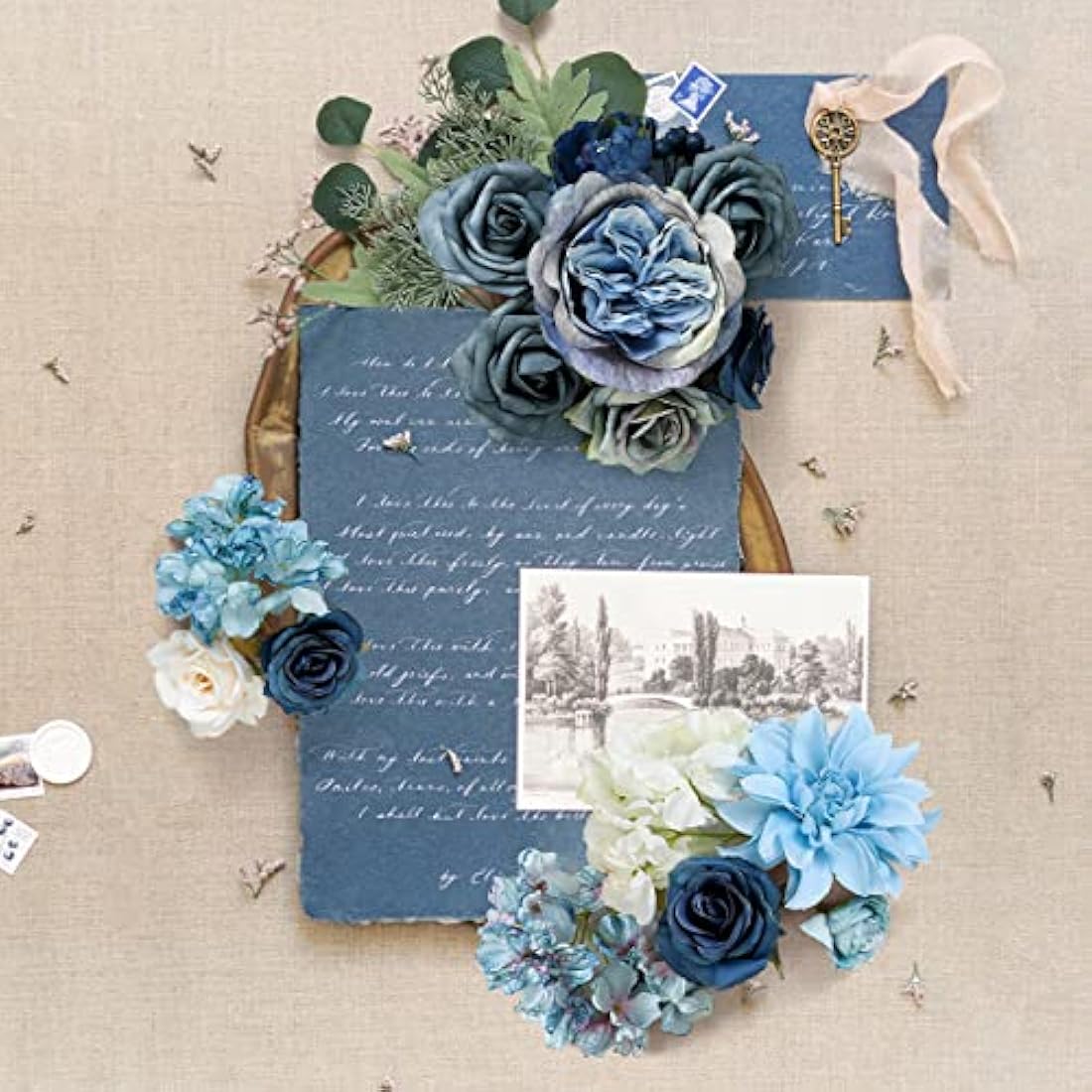 Kisflower Artificial Flowers Dusty Blue Silk Artificial Roes Combo Peony Flower for DIY Wedding Bridal Bouquet Party Home Decorations (Dusty Blue)