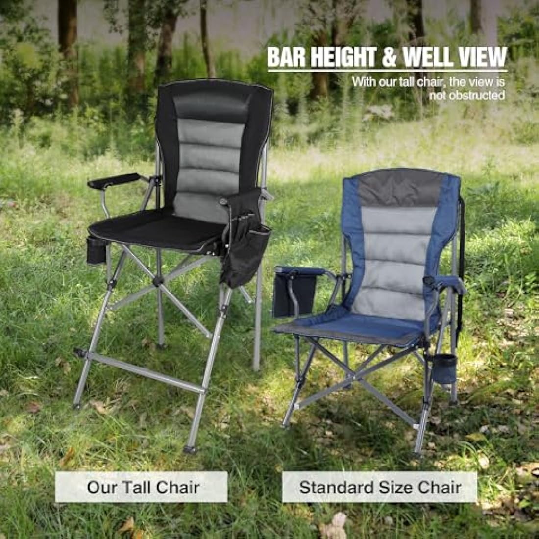 REDCAMP Tall Folding Chair with Footrest, Portable Artist Makeup Chair with Storage Side Bags, High Directors Chair for Camping, Heavy Duty Supports 300 lbs(Black gray)