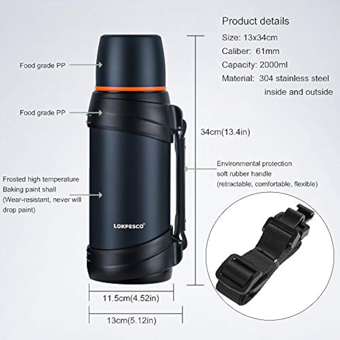LOKPESCO Travel Flasks for Hot and Cold Drinks 2L/70oz, Stainless Steel Vacuum Insulated Flask, Thermal Carafe Flask, Hot Water Bottles with Drinking Mug for Hiking/Camping and More (Navy, 2L)