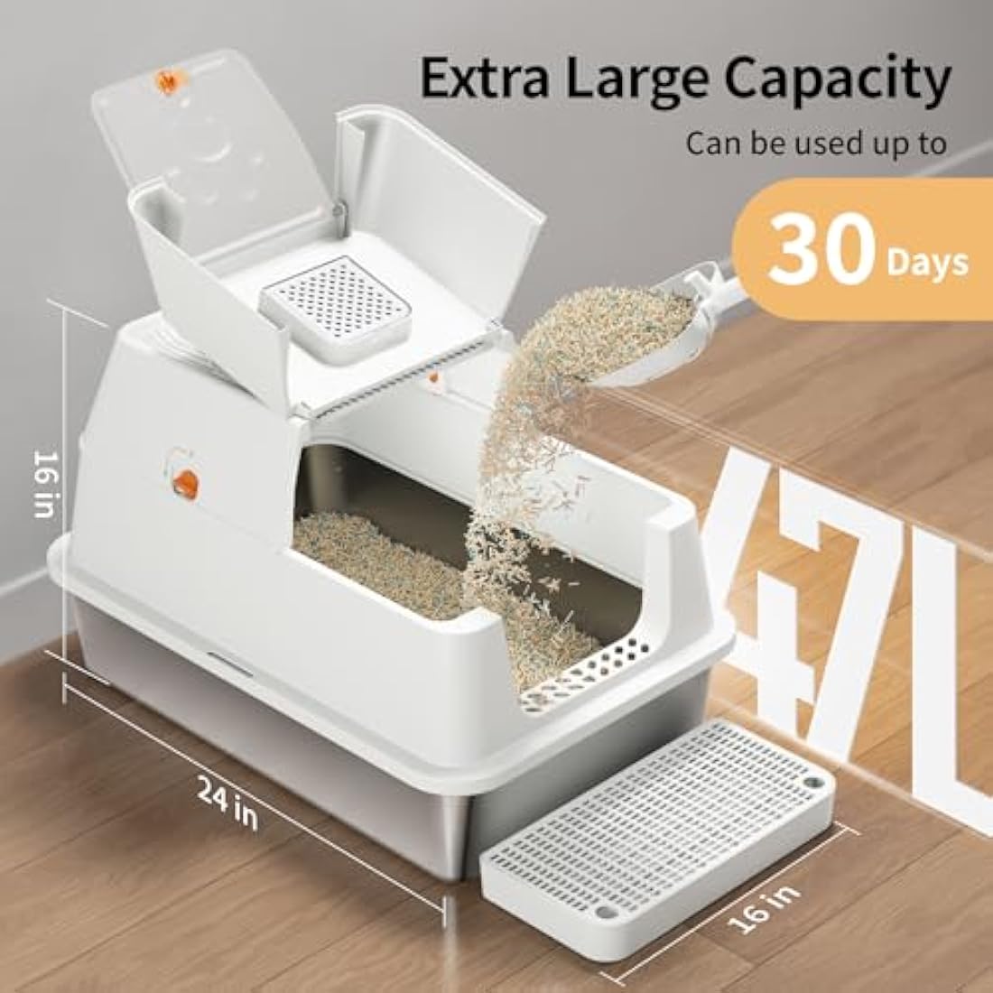 Stainless Steel Cat Litter Tray with Lip, Large Enclosed Litter Box, Cat Litter Box Tray for Medium Large Cats, Easy Clean, Odor Control, 180° Flip-Top - White