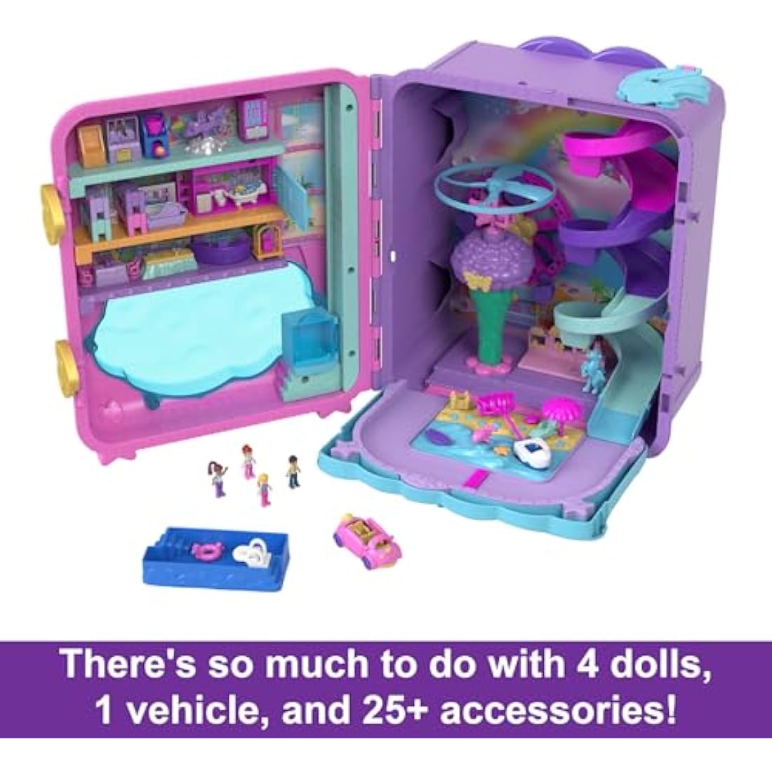 Polly Pocket Pollyville, Resort Roll Away Playset with Rolling Wheels, 5 Play Areas, 4 Dolls, 1 Vehicle, 30 Toy Accessories, Toys for Ages 4 and Up, HKV43