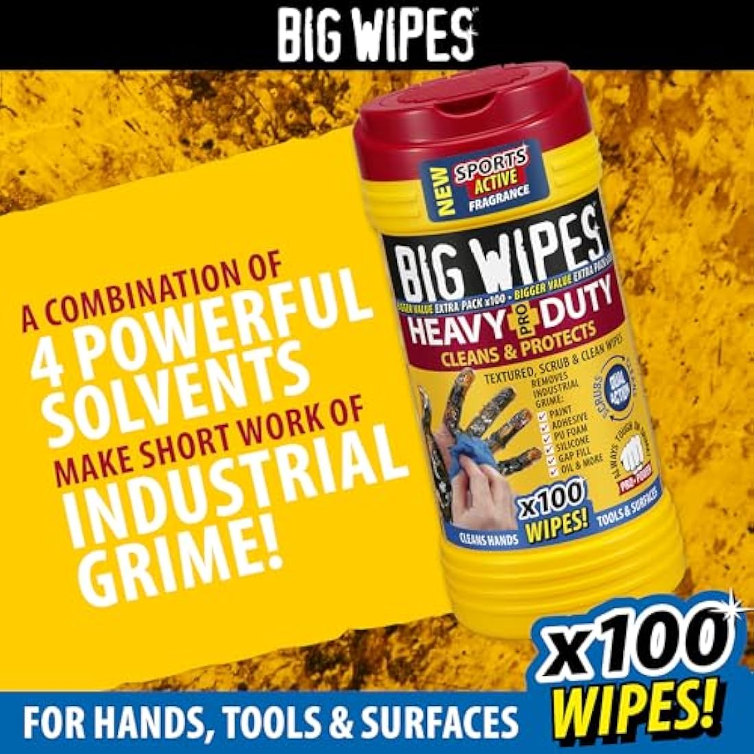 Big Wipes Heavy Duty Pro+ Hand Wipes in Dispenser Tub (x100) Textured Dual-Sided with Skincare. Ultra Efficient on Grime. Heavy Duty & Industrial Cleaning Products for Tradespeople