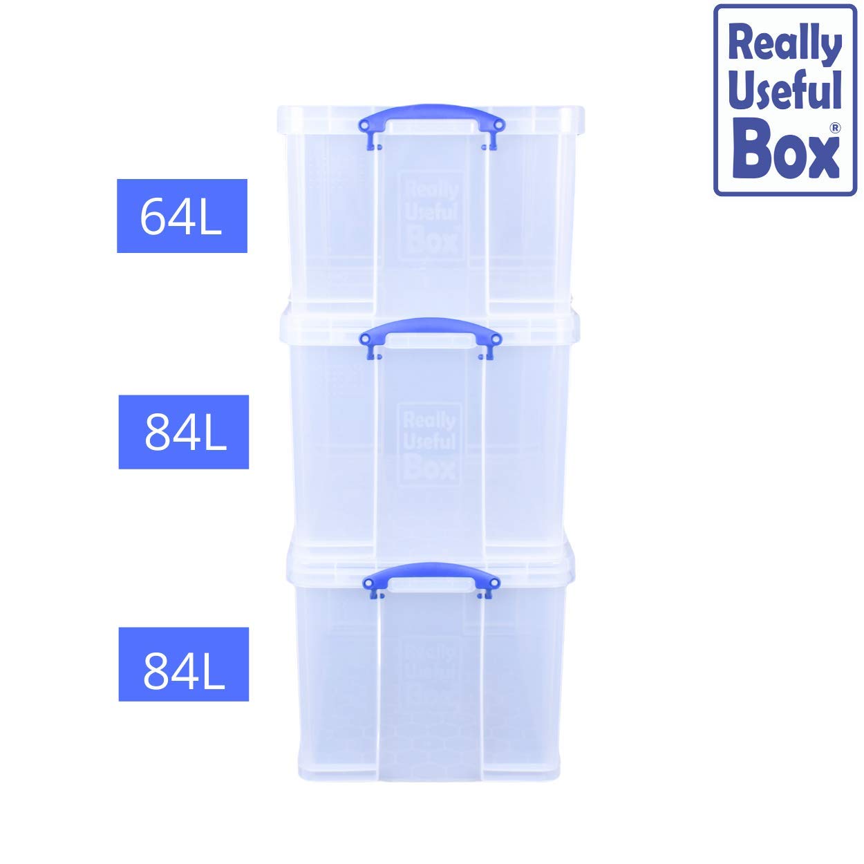 Really Useful Box Plastic Storage (Bonus Pack of 3) 2 x 84 Litre + 1 x 64 Litre Clear