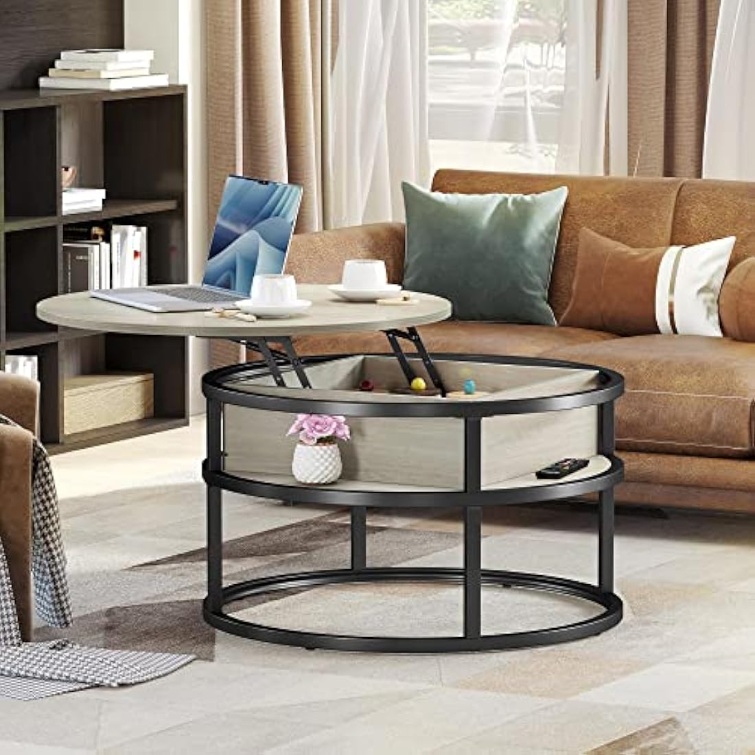 YITAHOME Round Lift Top Coffee Table, Coffee Tables for Living Room with Hidden Storage Compartment, Coffee Table with Storage for Home Office,Round Center Tables Living Room (White Oak)