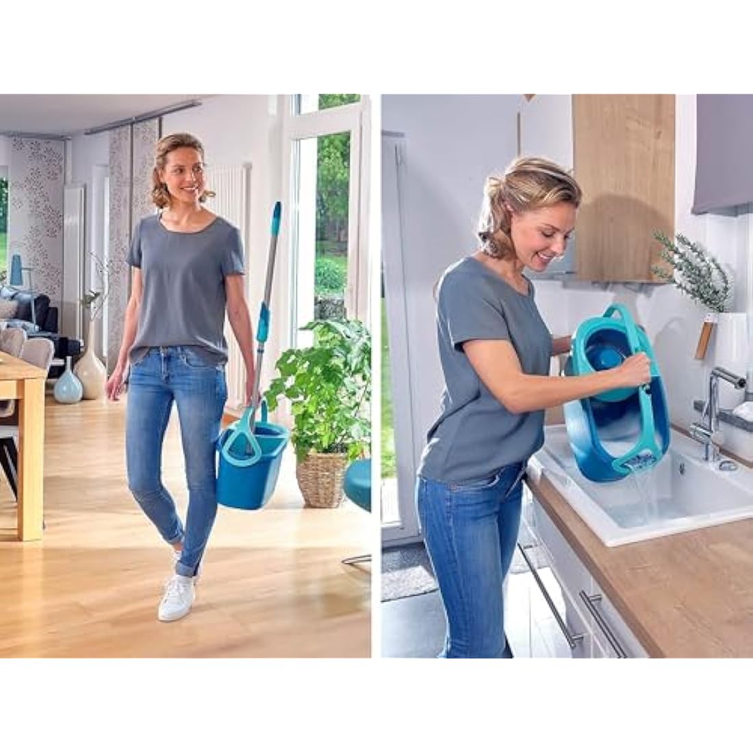 Leifheit Clean Twist Disc Mop Ergo Mobile Set, Moisture Controlled Spin, Wheeled Bucket, Faster Cleaning, Easy-Steer Micro Fibre 33cm Head with 360­ Joint, Spin Mop System