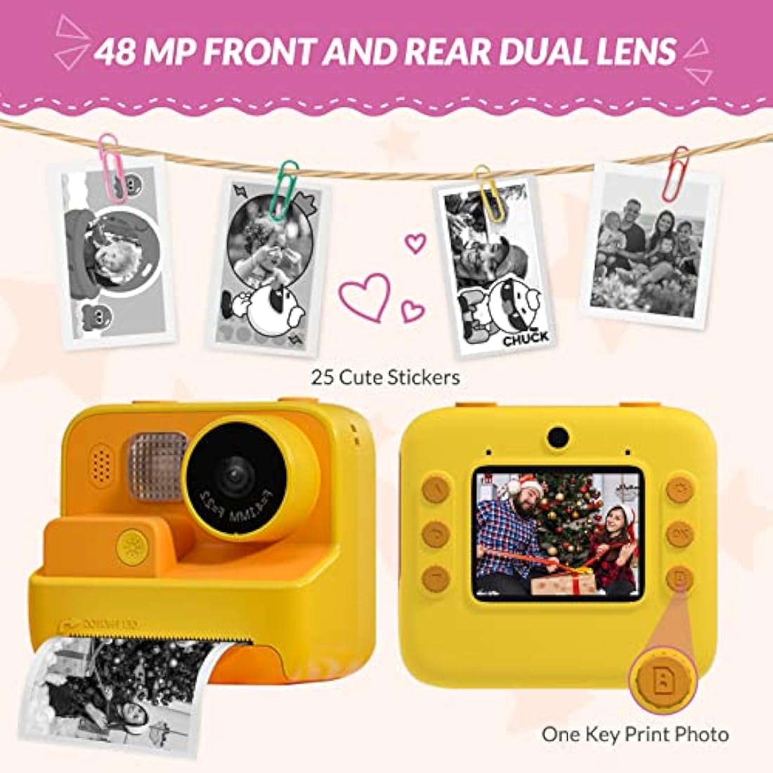 Mafiti Kids Camera Instant Print 2.0 Inch 1080P HD Screen, Kids Digital Camera 48MP for Girls Boys Gifts with 32GB SD Card, 3 Rolls of Printing Paper, 6 Colored Pens