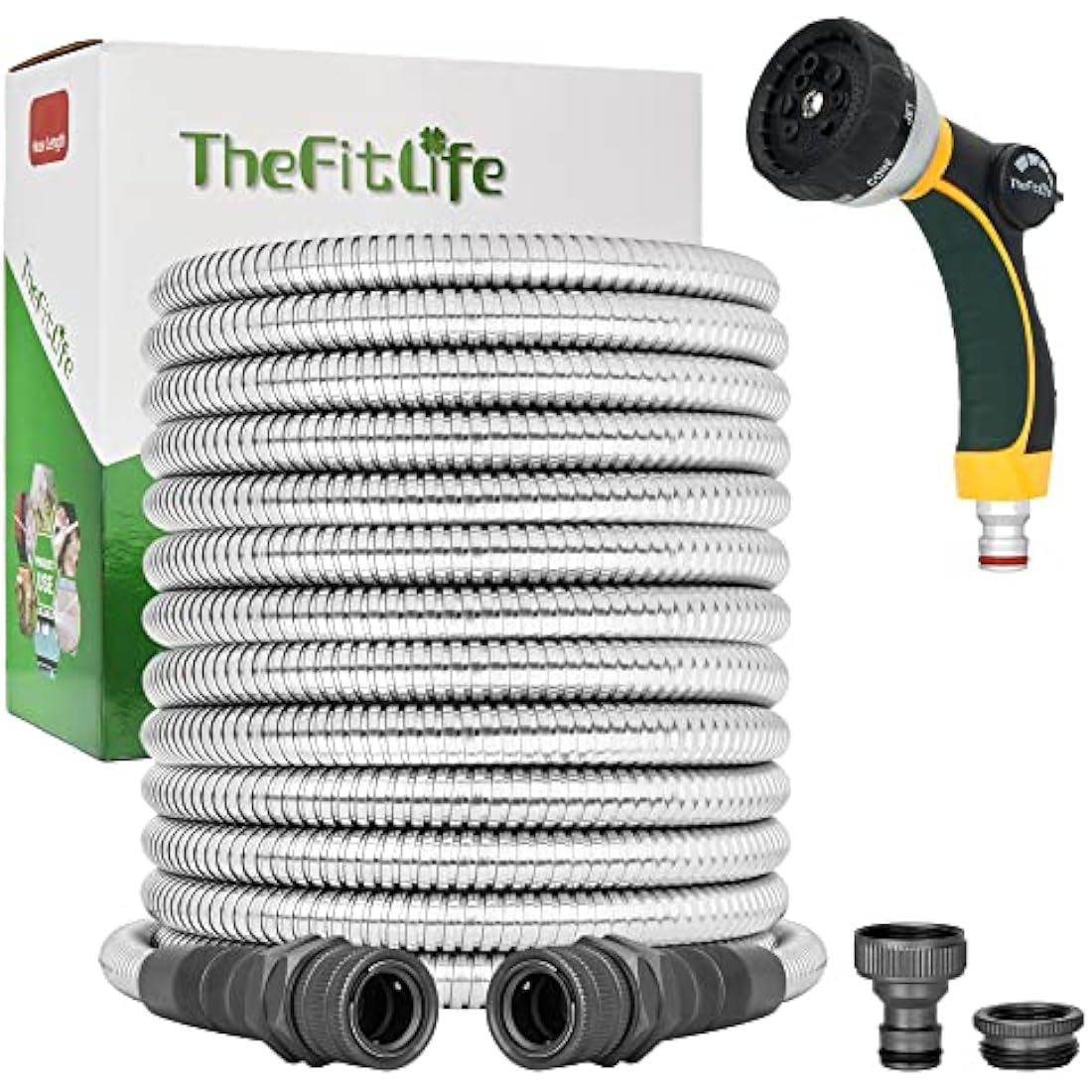 TheFitLife Metal Garden Hose Pipe - Flexible Stainless Steel Water Hose with Solid Fittings and Sprayer Nozzle - Leak Proof Kink Free, Anti-Rust, Large Diameter, Durable and Easy Storage (22m)