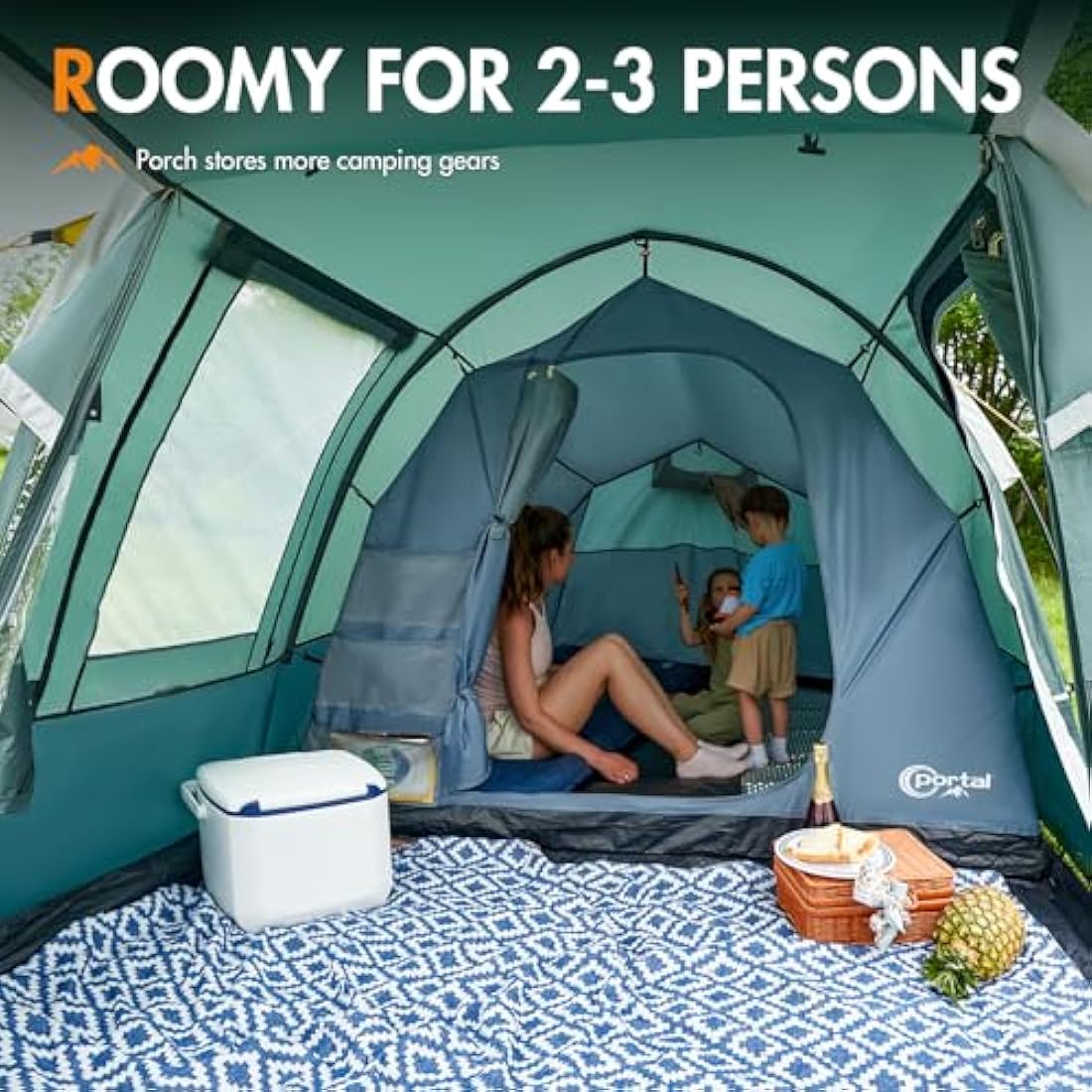 Portal 2-3 Man Tent Luxury 3000mm Waterproof with Porch Awning 3 Person Camping Tent with Sewn-in Groundsheet 2 Man with Bedroom Lightweight Tunnel for Festival Outdoor Hiking