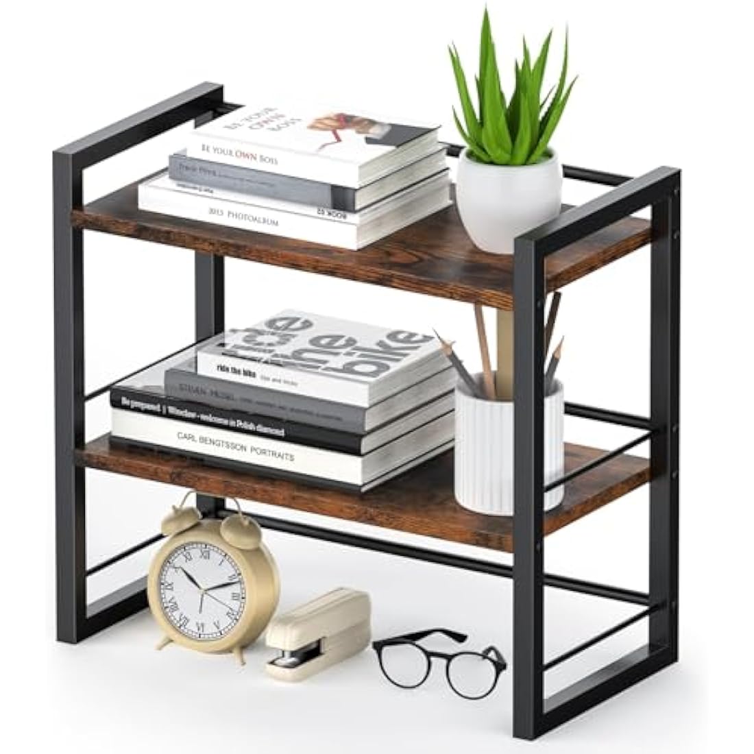 THYGIFTREE Office Desk Shelf Organizer, Wood Desktop Bookshelf Supplies Storage Rack, Shelf for Top of Desk and Dresser (BROWN)