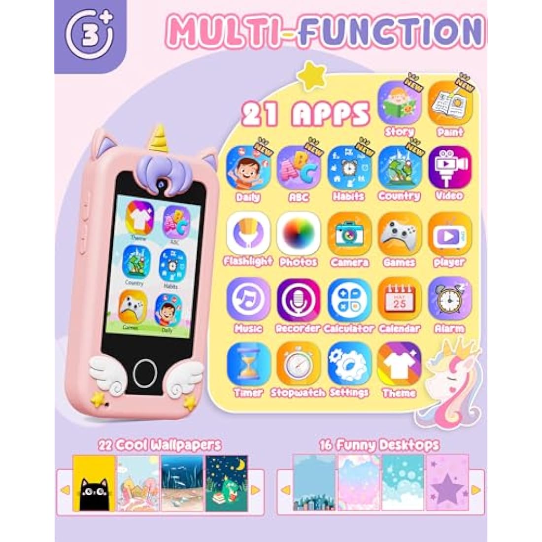 UCIDCI Kids Smart Phone Toys for Girls Ages 3-7 with Dual Camera - Toddler Phone Toys with Learning Games, Travel Toys with MP3 Music Player for Christmas, Birthday Gifts for 3 4 5 6 7 Year Old Boys
