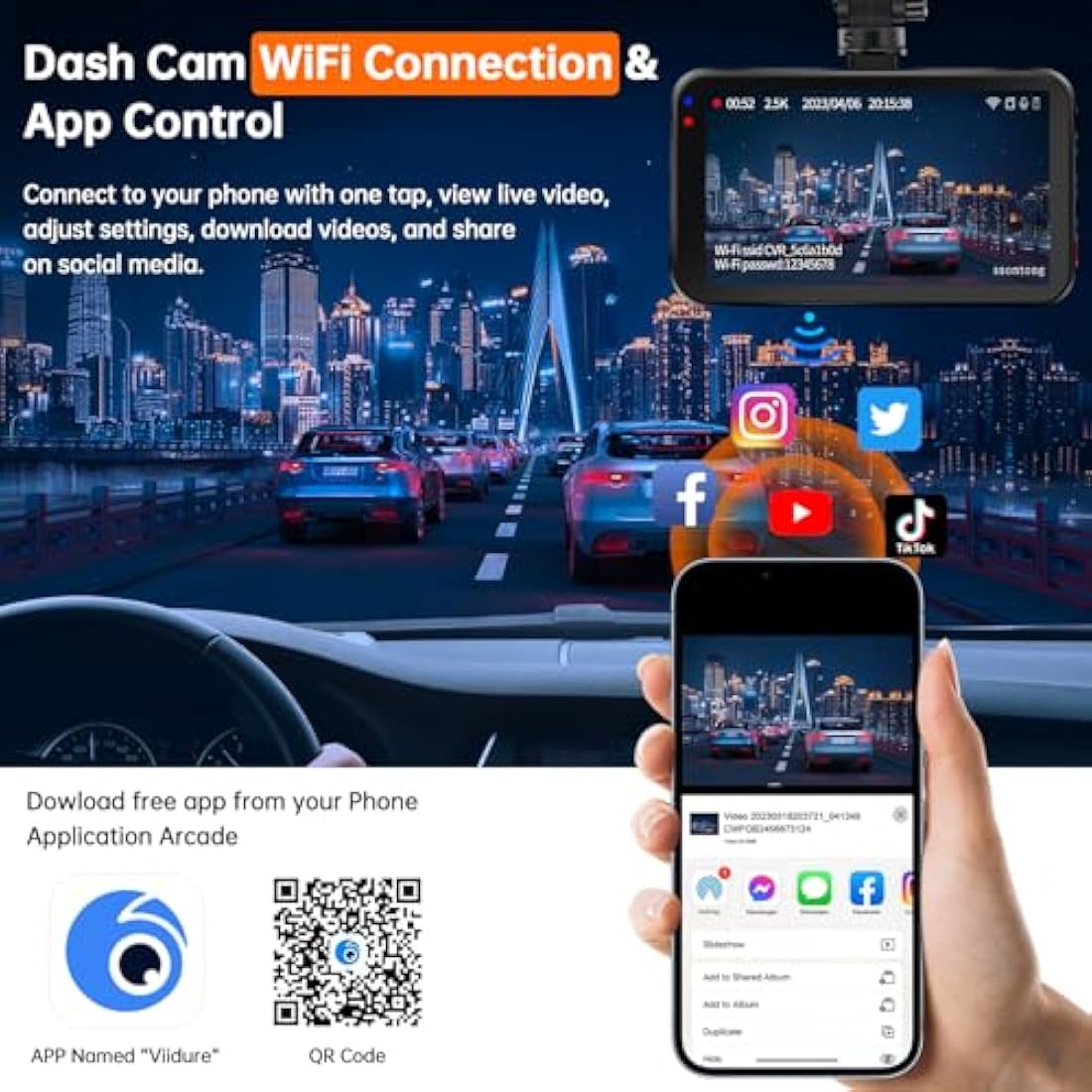 Dash Cam WiFi, Car Camera Dash Cam with 128GB Card Dashcam 2.5K QHD 1440P Dashcam Front, Dash Cameras W/APP, Night Vision, 170° Wide Angle, G-sensor, Parking Monitor for Cars, Max Support 256G