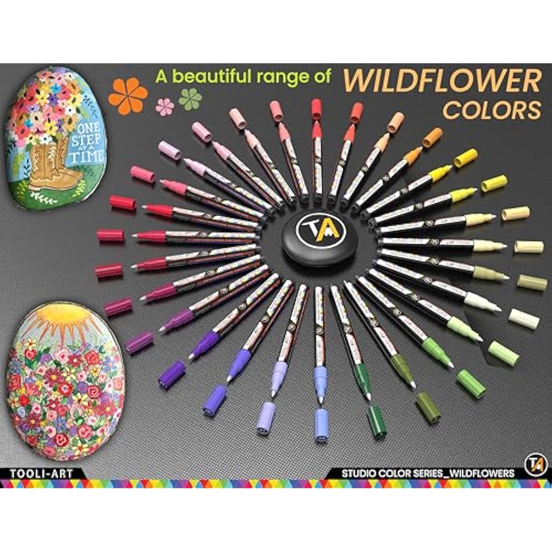 TOOLI-ART 28 Wildflower Acrylic Paint Pens Studio Colour Series Markers Set 0.7mm Extra Fine Tip, Rock Painting, Glass, Mugs, Wood, Metal, Canvas, DIY, Detailing. Non Toxic, Waterbased, Quick Drying