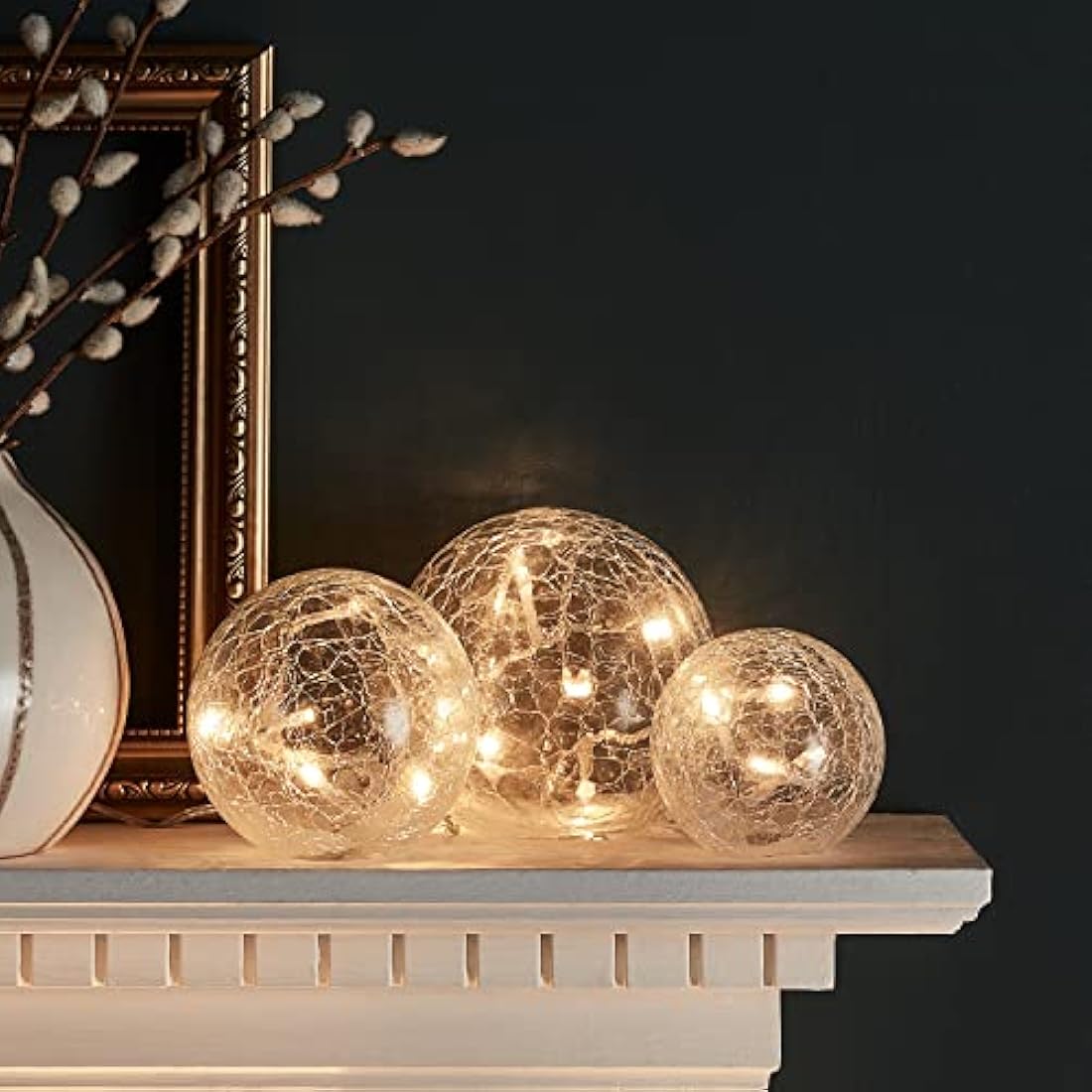 Lights4fun Set of 3 Fairy Light Orbs Crackled Glass Balls LED Lights Battery Operated Table Lamp Warm White LEDs with Timer Orbs for Bedroom Home Wedding Decor & Party