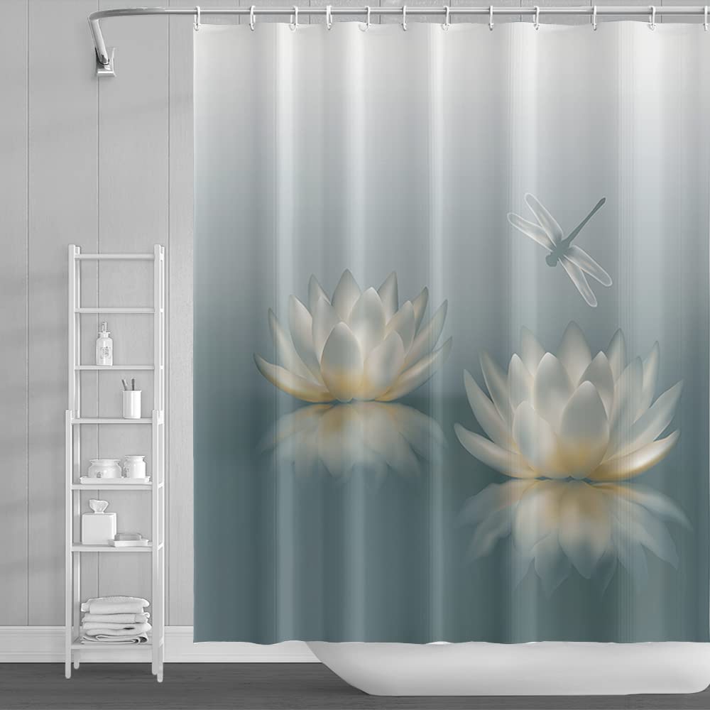 SDOTPMT 180x198cm Lotus Flower Shower Curtain Cute Dragonfly Zen Spa Bath Curtain Elegant Floral Spiritual Meditation Bathtub Curtain for Female