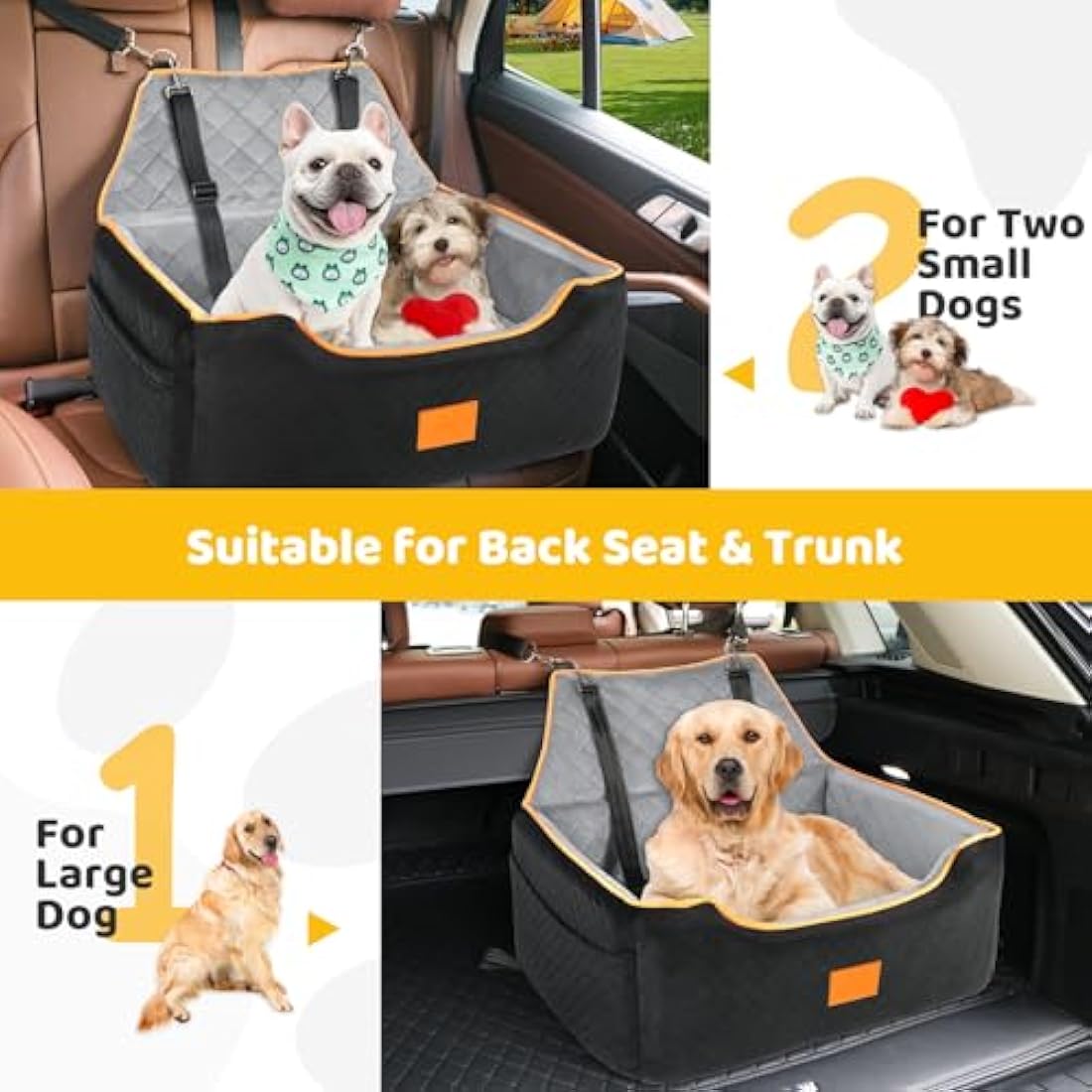 GL GLENSLAVE Dog Car Seat for Large/Medium Dogs, Dog Booster Seat for Pet Under 55Lbs or 2 Small, Detachable and Washable Travel Pet Bed with Thick Cushion and Storage Pockets (Black/Grey)