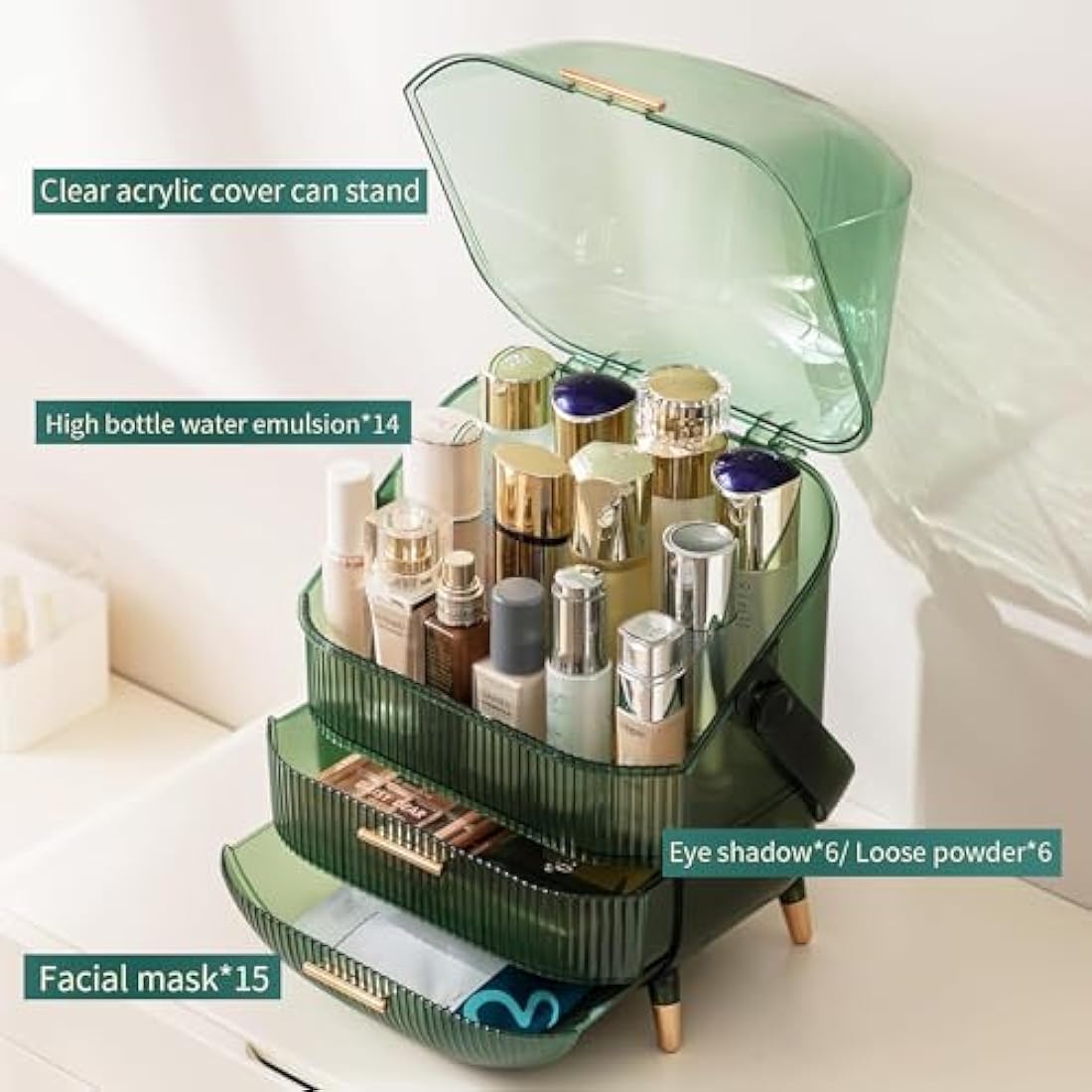 Kousee Makeup Organizer, 3 Layers Large Capacity Cosmetic Storage, Cosmetic Display Case with 2 Storage Drawers, Cosmetic Organizer for Bathroom Counter, Vanity Countertop, Bedroom-Retro Green