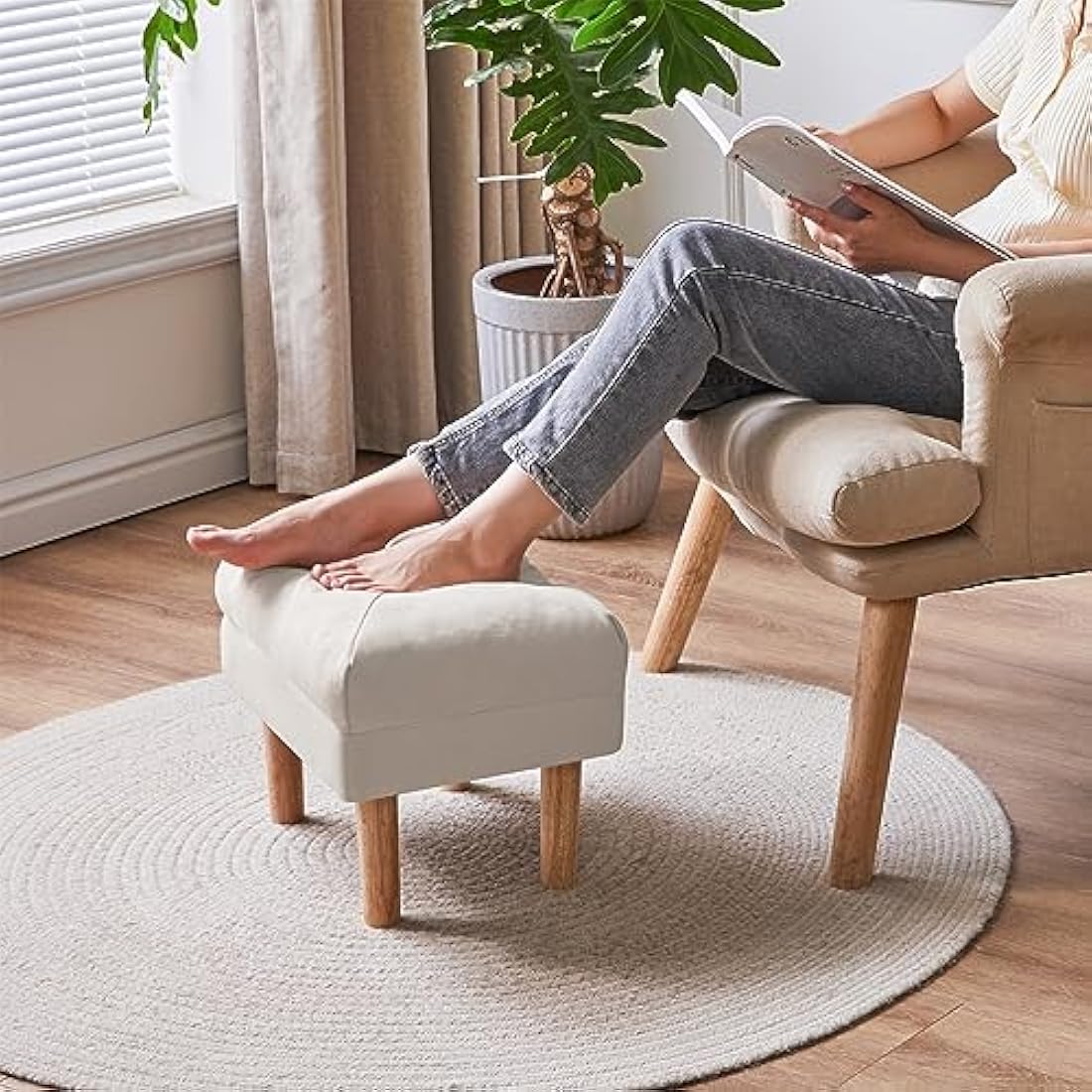 YMYNY Foot Stool, Ottoman Small, Chair with Sponge Padded Seat, Footrest, Shoes Changing Wooden Stool for Living Room, Bedroom, Entryway, 40×29×32CM, Beige HBD023M