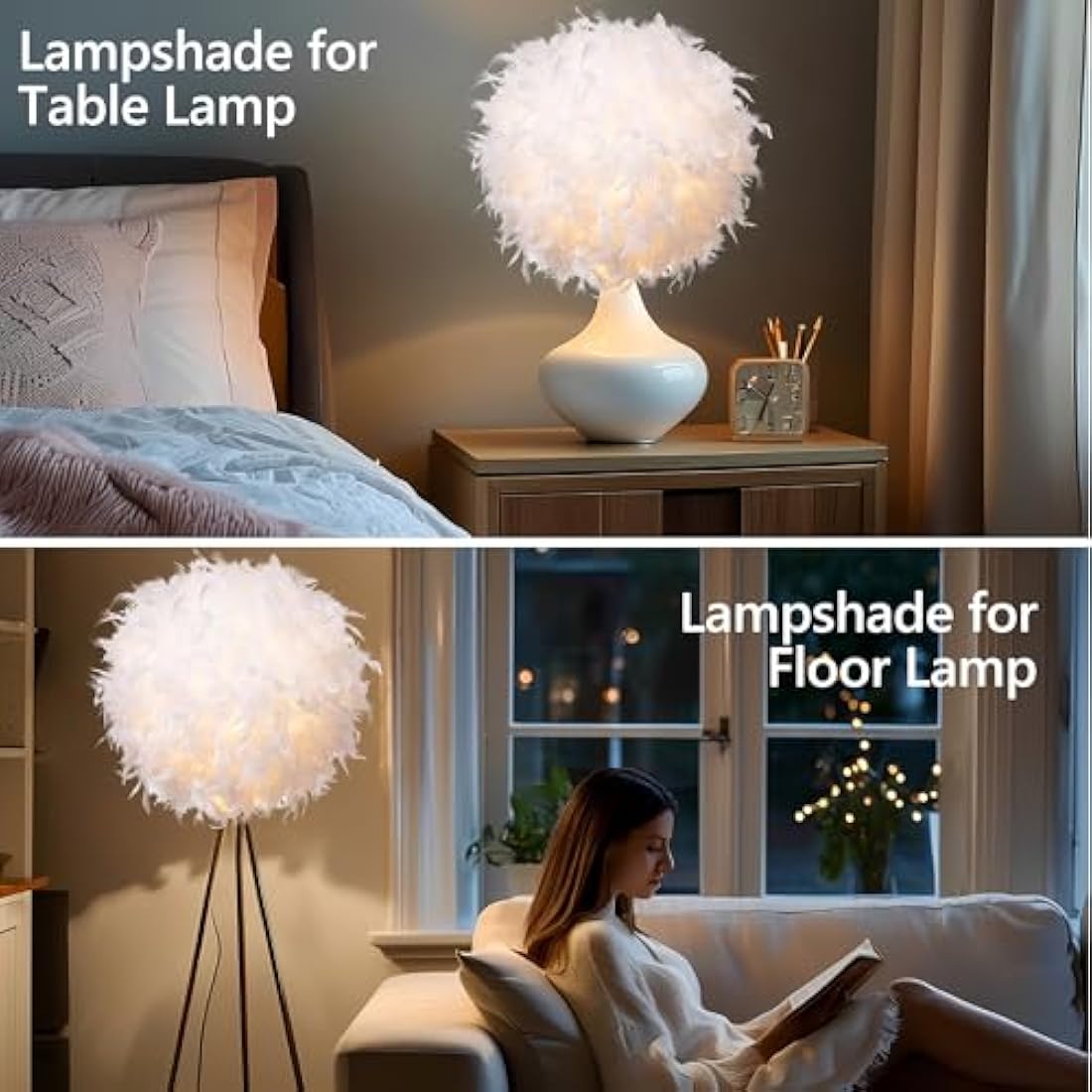 Waneway 50cm White Feather Lamp Shade for Ceiling Pendant Light, Floor Lamp & Table Lamp, Non-Electrical Lightshade with a Reducing Ring for Living Room and Bedroom, ID 40cm, OD 50cm