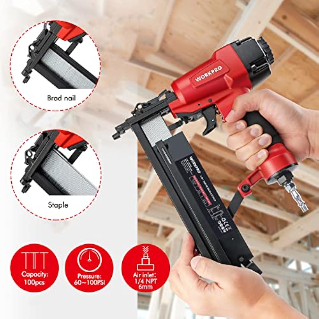 WORKPRO Air Brad Nailer Gun 50mm, 2-in-1 Nail Gun/Upholstery Stapler, Accepts 18G Nails 15-50mm & Type 90 Staples 16-40mm, Lightweight Aluminum Body, Come with 400pcs Nails and 300pcs Staples
