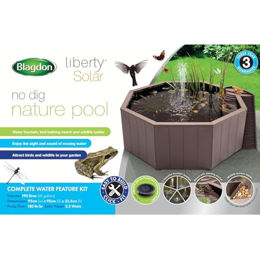 Blagdon Liberty No Dig Nature Pool, Raised Pond for Garden or Patio, Click Fit Easy Construction, with Floating Solar Fountain Pump, Bird Landing Platform, Wildlife Access Ladder and Planting Pocket
