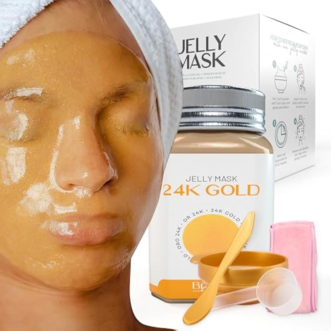 BRÜUN Peel-Off 24K Gold Jelly Mask for Face Care – A 23 fl oz Rubber Mask Jar for 30 to 35 Treatments – A Skin Care Moisturizing Gel Mask of Spa Set for Men, Women and Adults
