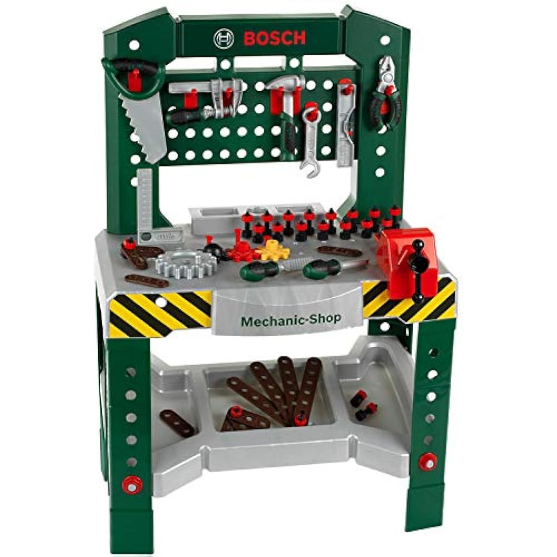 Theo Klein 8574 Bosch Workbench with 77 Parts I With Screwdriver and Spanner, Pliers, Hammer and Much More I Work Surface with Learning Function I Dimensions: 57 cm x 35 cm x 86 cm