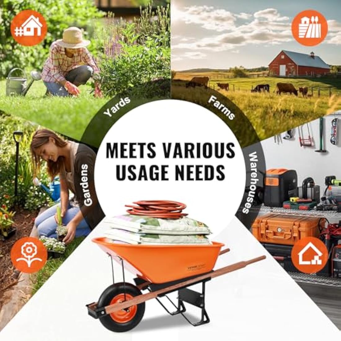 VEVOR Wheelbarrow, 6 Cu. Ft 330 lbs Capacity, One Garden Dump Barrow with Metal Handle & 16" Wide Track Wheels, Easy Loading Utility Yard Cart & Wagons for Lawn Farm, Orange+Black
