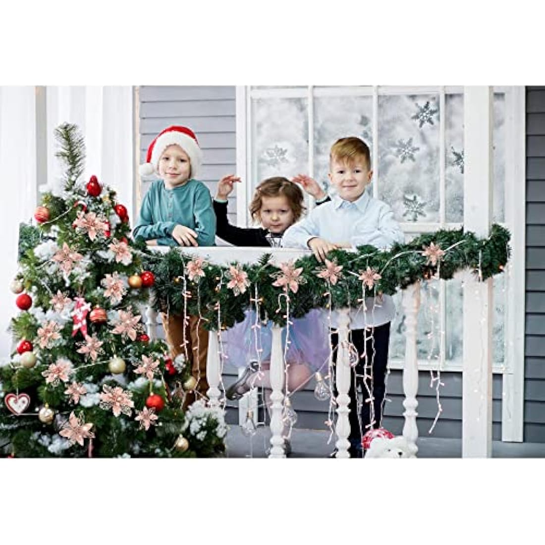 Boao 24 Pieces Christmas Glitter Artificial Poinsettia Flowers Christmas Flowers Decorations Wedding Xmas Tree New Year Ornaments (Rose Gold)