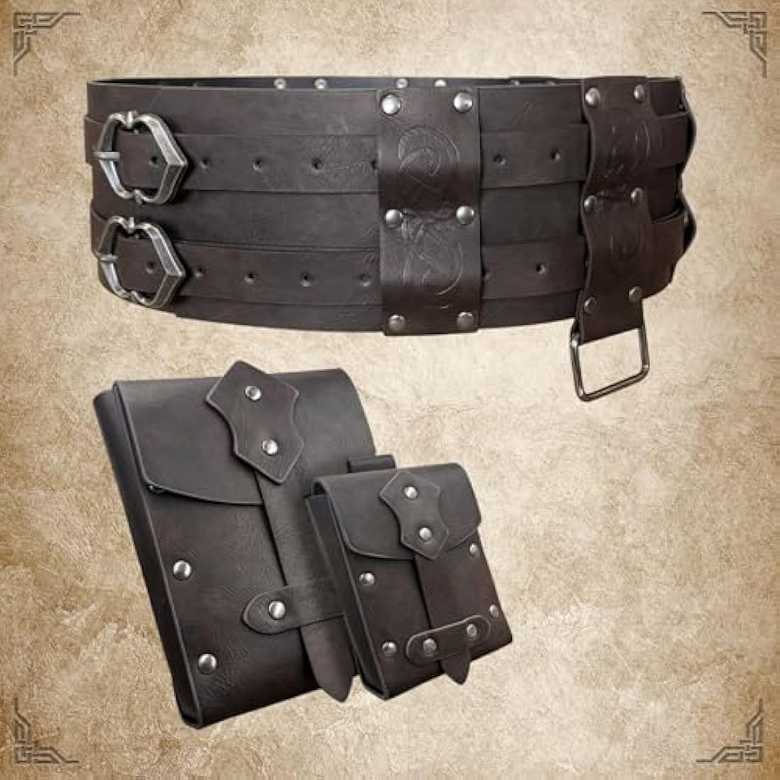EpicCos 3PCs Medieval Fanny Pack Accessory Set, Renaissance Fanny Pack, Vintage Viking Wide Belt for LARP Events (Brown A)