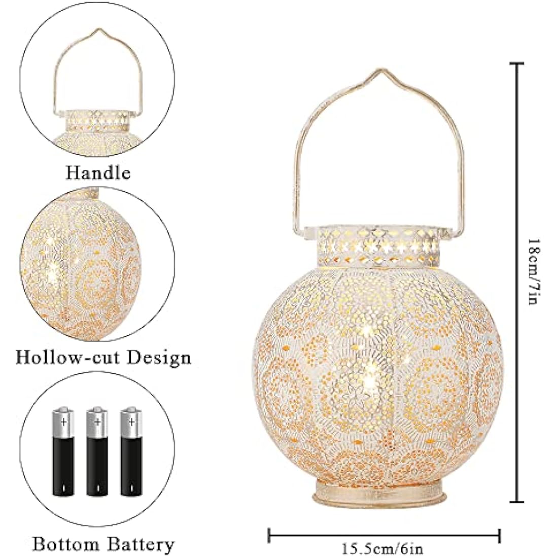 TRIROCKS Set of 2 Moroccan Style Metal Table Lamp 18cm H Battery Powered Cordless Lanterns with LED Fairy Lights Bulb Perfect for Home Living Room Parties Tabletop Indoors (White)