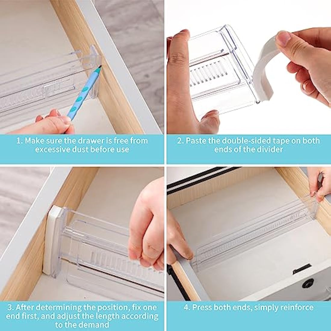 Yafe 6 Pack Drawer Dividers, Adjustable Drawer Organiser Divider(11.8"-19.7"), Extendable Plastic Drawer Dividers for Kitchen Bedroom Office Desk Dresser Cosmetic Clothing(Transparent)