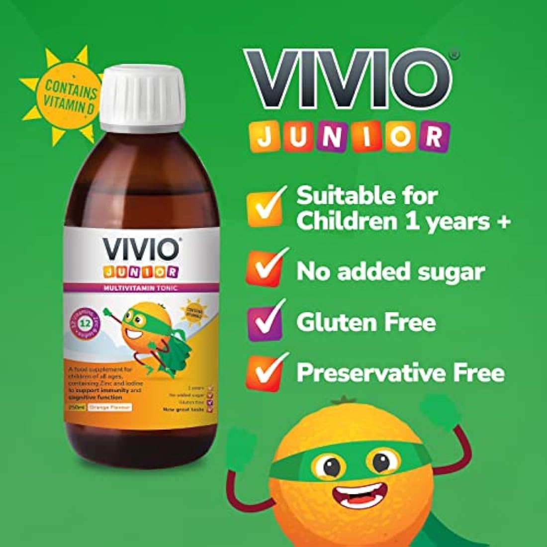 VIVIO Junior Multivitamin Tonic for Kids – 12 Added Vitamins Plus Zinc & Iodine to Support Your Child’s Immunity & Cognitive Function - Orange - 250ml