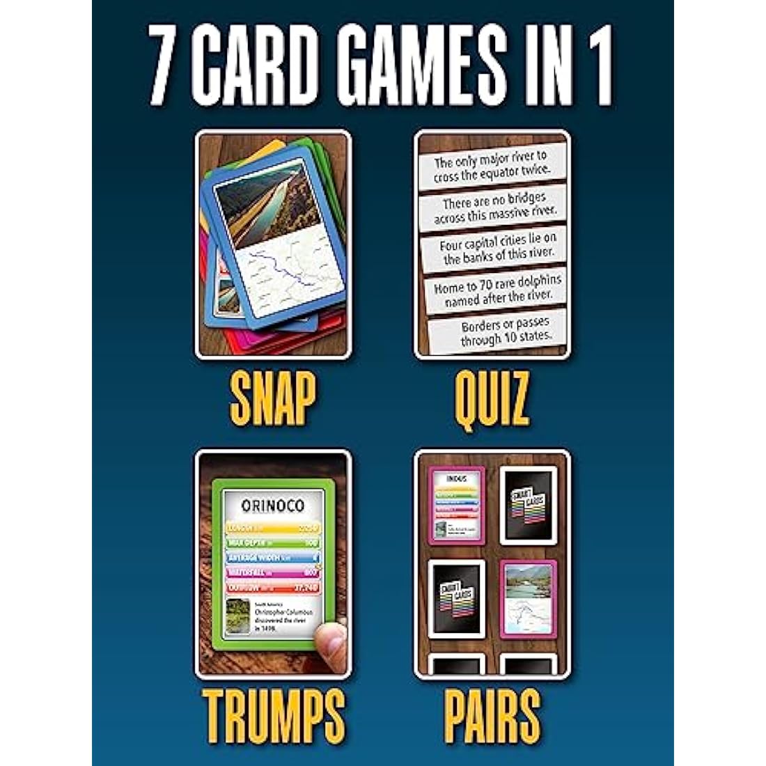 SMART CARDS Rivers, 7 games in 1, Pairs, Snap, Trumps, Rummy, Memory Quiz, Learn Facts, Travel Game, Gift, Stocking Filler, Age 5+, 1-8 Players