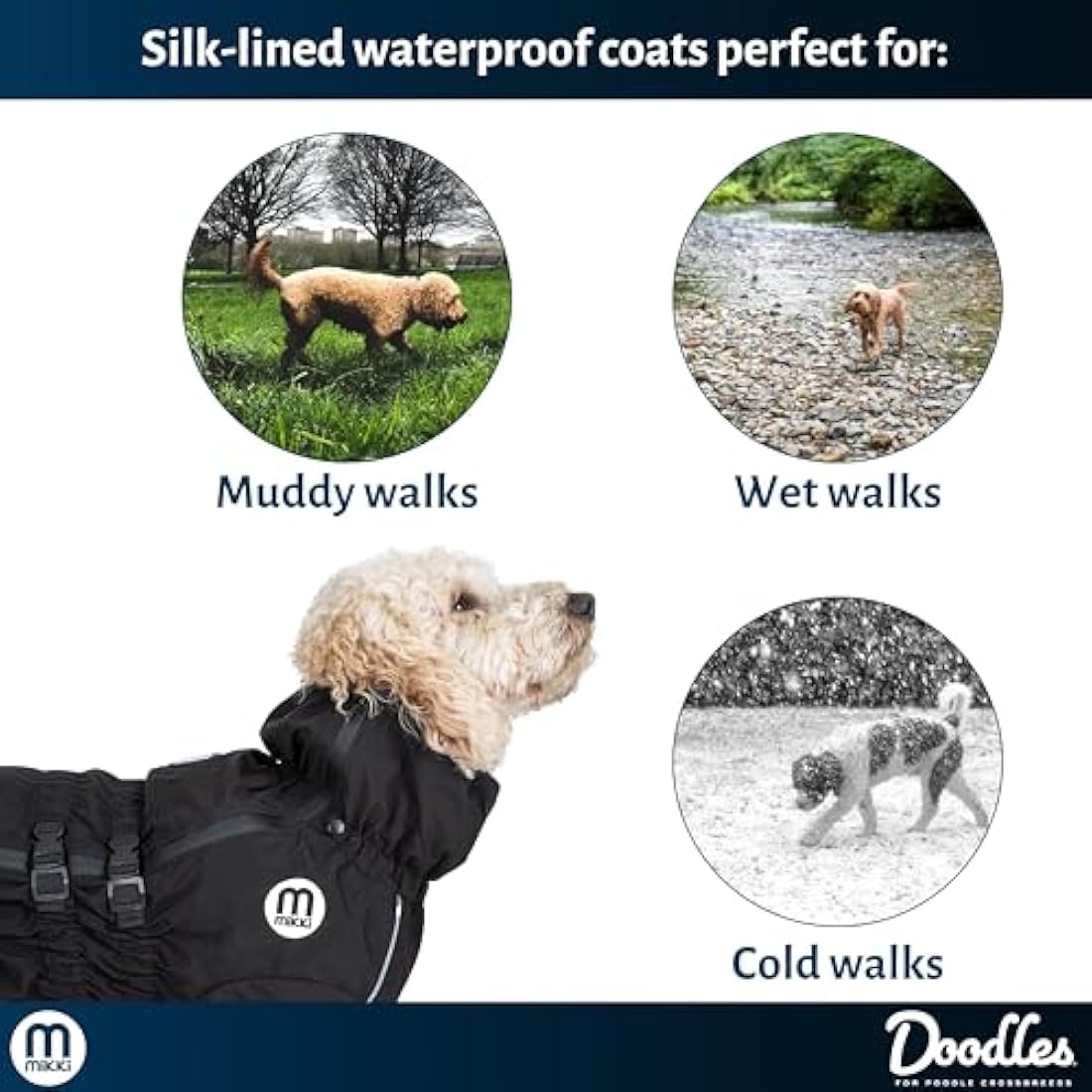 Mikki Doodles Dog Raincoat, Waterproof, Windproof, Silky Lining, Less Friction Means Less Knots & Tangles, Size Small, Black