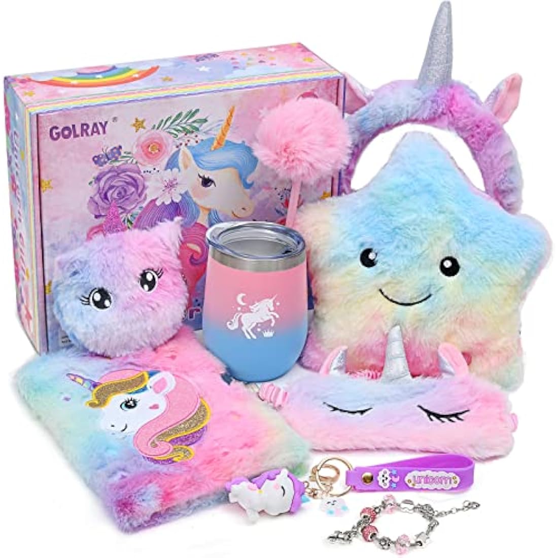 Latocos Unicorn Gifts for Girls Age 4 5 6 7 8 with Light Up Star Throw Pillow Plush Diary with Locks Pen Eye Mask Headband Water Bottle Bracelet Unicorn Toys Kids Birthday Christmas Stocking Fillers