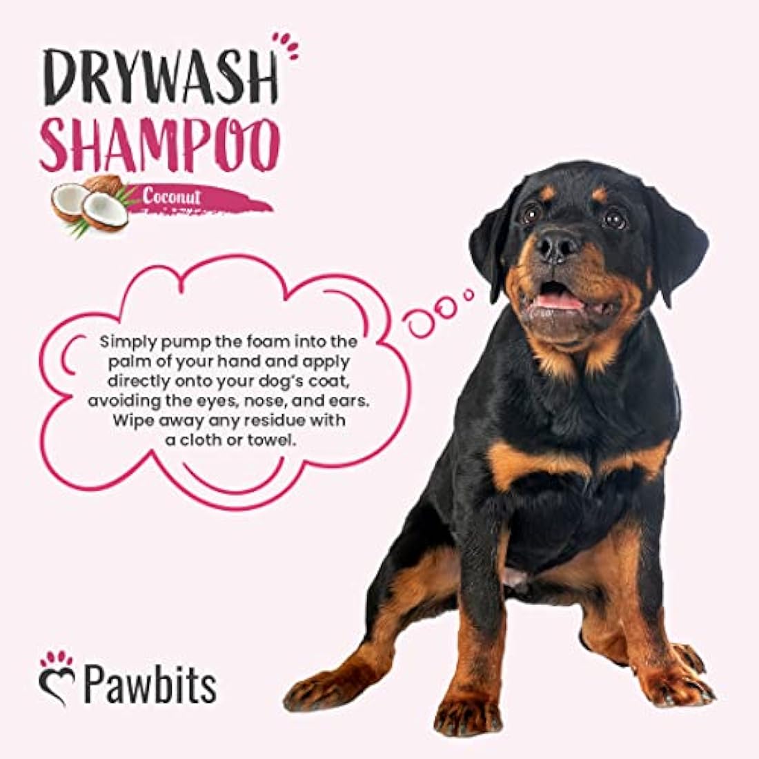 Pawbits Drywash Shampoo for Dogs - Puppy Friendly 3-in-1 Dry Shampoo to Clean, Condition & Detangle – No Water Required (Coconut - 2.5L)