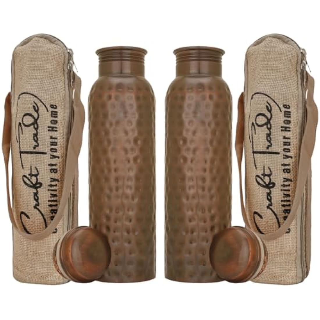 Craft Trade Pack of 2 Pure Copper Bottle with Lid and Carry Bag for Drinking Water BPA Free Leak Proof Boosts Immunity, Supports Digestive & Liver Health, Ayurveda Inspired 34oz - 1 Litre Black