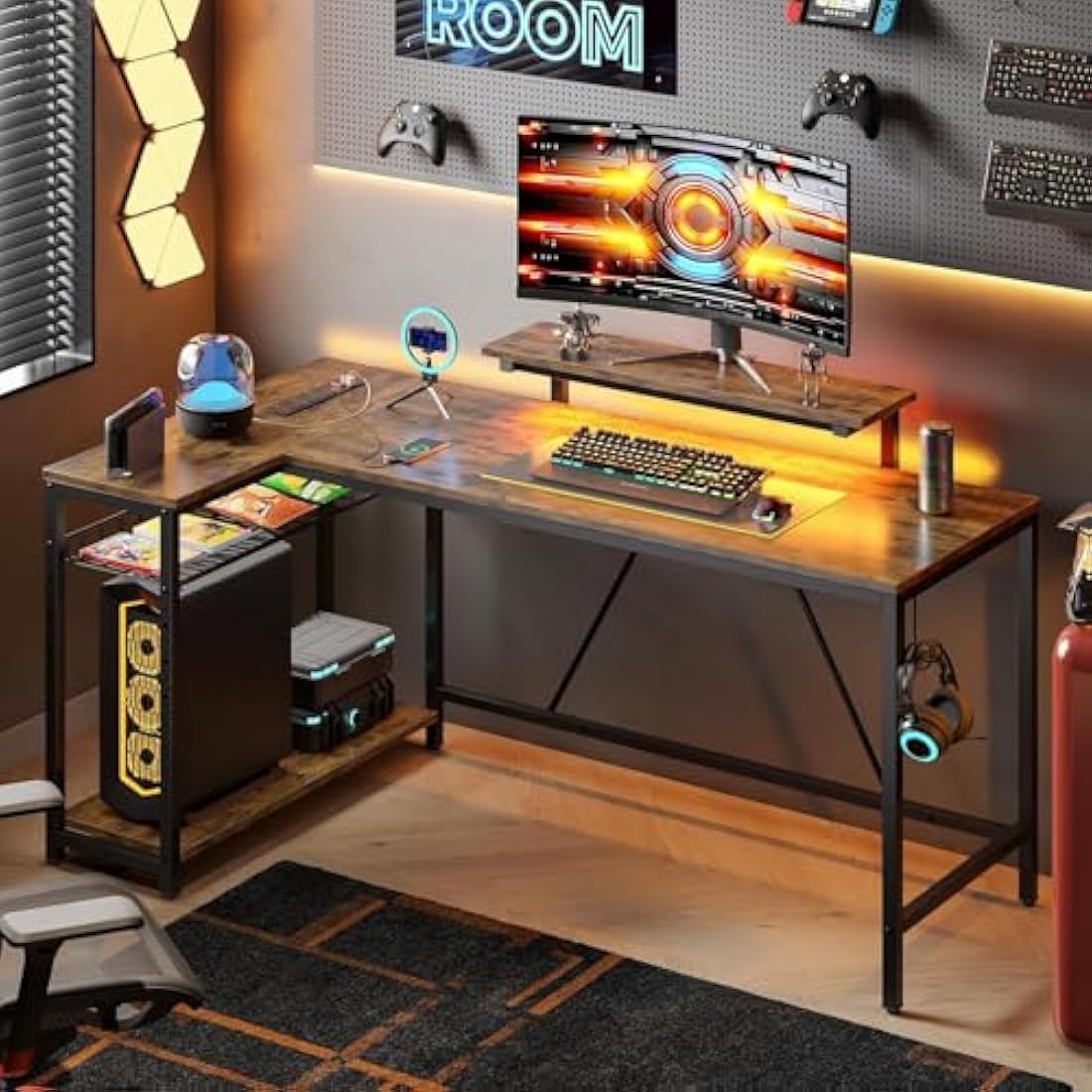Bestier 147CM L-Shaped Desk with Power Outlets & LED Lights, Reversible Corner Computer Desk with Shelves & Hooks for Home Office or Bedroom Study