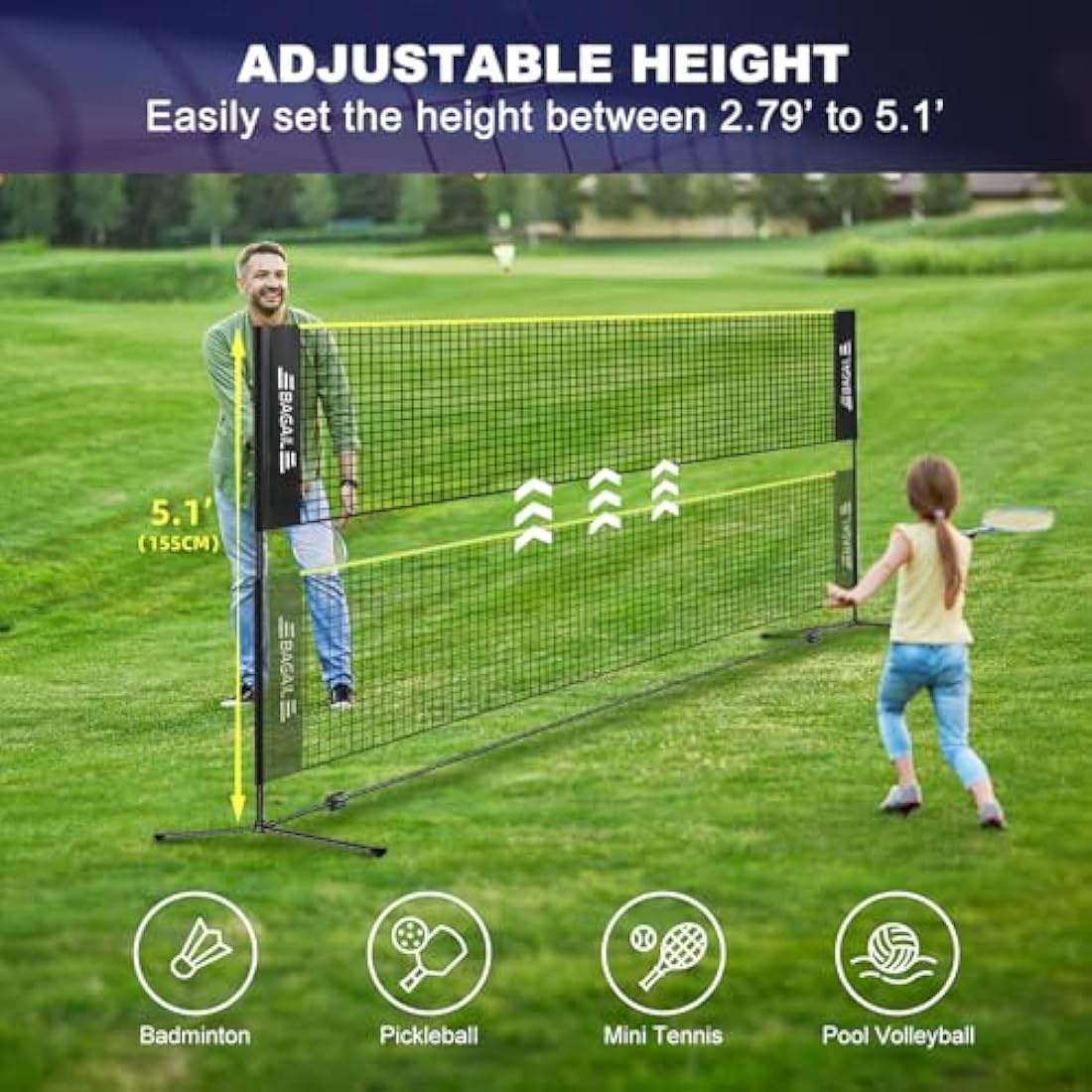 BAGAIL Badminton Net, Foldable Nylon Net, Hieght Adjustable Stand and Portable Carry Bag, Easy to Assemble or Disassemble, Ideal Recreational Sports Net for Tennis, Kids Badminton or Volleyball