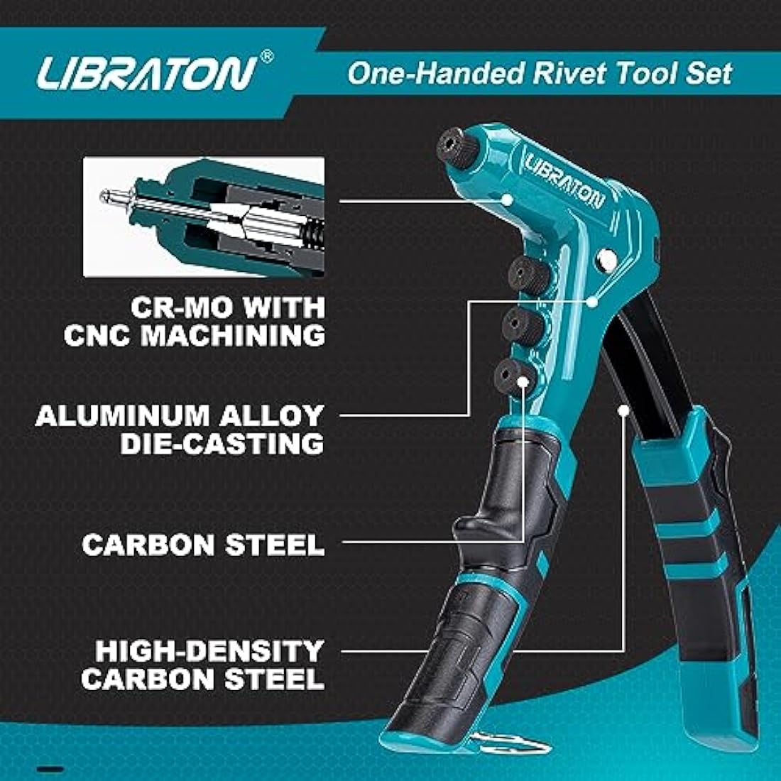 Libraton One-Handed Rivet Gun, Pop Rivet Gun Set, Professional Hand Riveter, Manual Riveting Tool with 200 Rivets for Metal, Includes 4 Drill Bits, 4 Tool-Free Interchangeable Heads, Storage Case