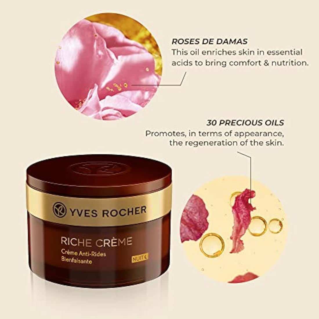 Yves Rocher Face Moisturizer Riche Crème Anti-wrinkle Comforting Night Cream with precious oils, for Mature Skin + Dry skin, 50 ml jar