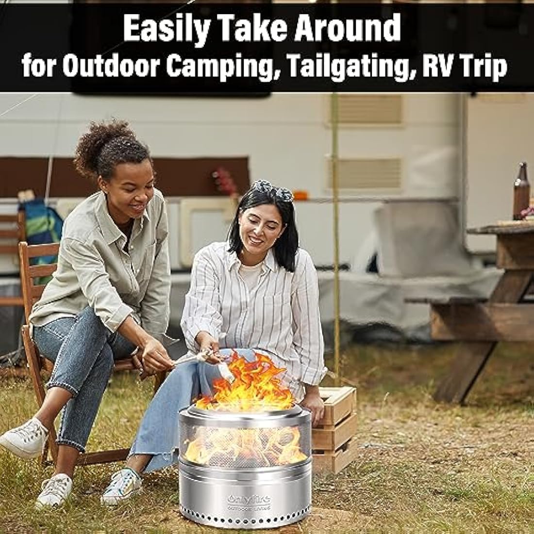 Onlyfire Φ50 cm Smokeless Fire Pit Wood Burning with Holes, Stainless Steel Portable Outdoor Bonfire Stove with Carrying Bag