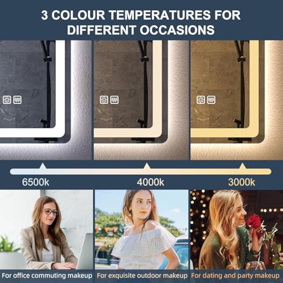 S'bagno Bathroom Mirror with LED Lights 1000x700mm, LED Bathroom Mirror with Memory, Anti-Fog, 3000K/4000K/6500K, Dimmable, HD Tempered Glass, IP44 Waterproof, Horizontal/Vertical