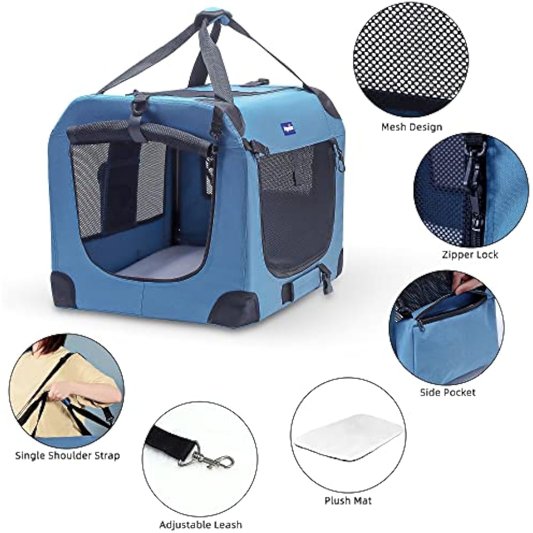 Petprsco Portable Collapsible Dog Crate, Travel Dog Crate 60x42x42cm with Soft Warm Blanket and Foldable Bowl for Large Cats & Small Dogs Indoor and Outdoor