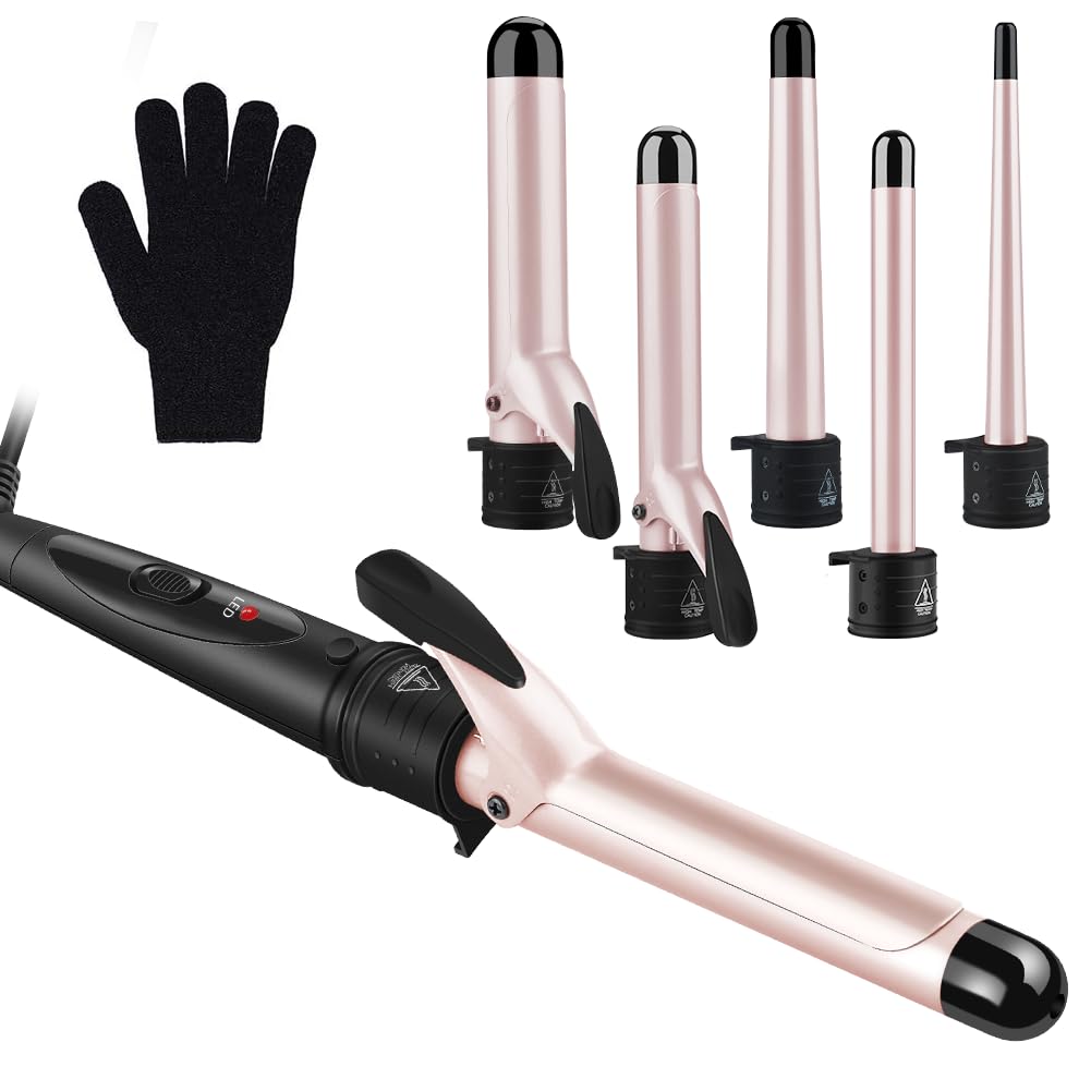 Hair Curler - 5 in 1 Curling Tongs Curling Wand with 5 Interchangeable PTC Ceramic Barrels, Curling Iron Set for Long/Short Hair, with Anti-perm