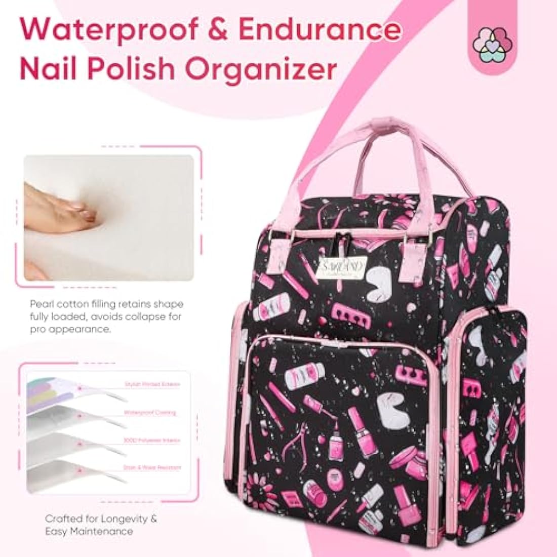 Saviland Nail Polish Organizer Bag: 33L Large Nail Bag Organizer Case Holds 80 Bottles (15ml/0.5 fl.oz) & Nail Lamp Travel Nail Kit Organizer Backpack Holder Nail Organizers and Storage for Nail Tech