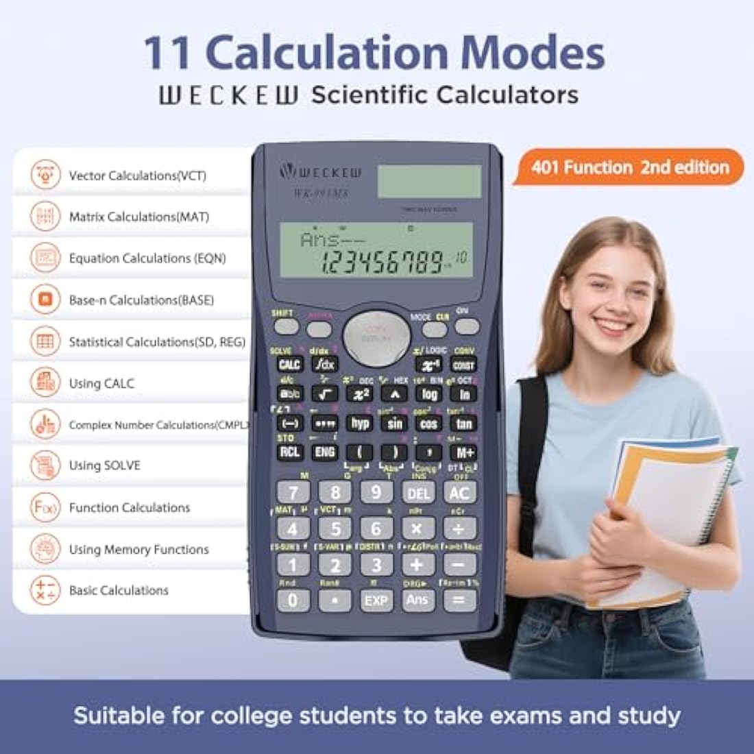 WECKEW Scientific Calculator, Engineering Scientific Calculator with Solar Power. 401 Function, 2-Line LCD Display - Suitable for School Students, Teachers and Business Use，Perfect for GCSE