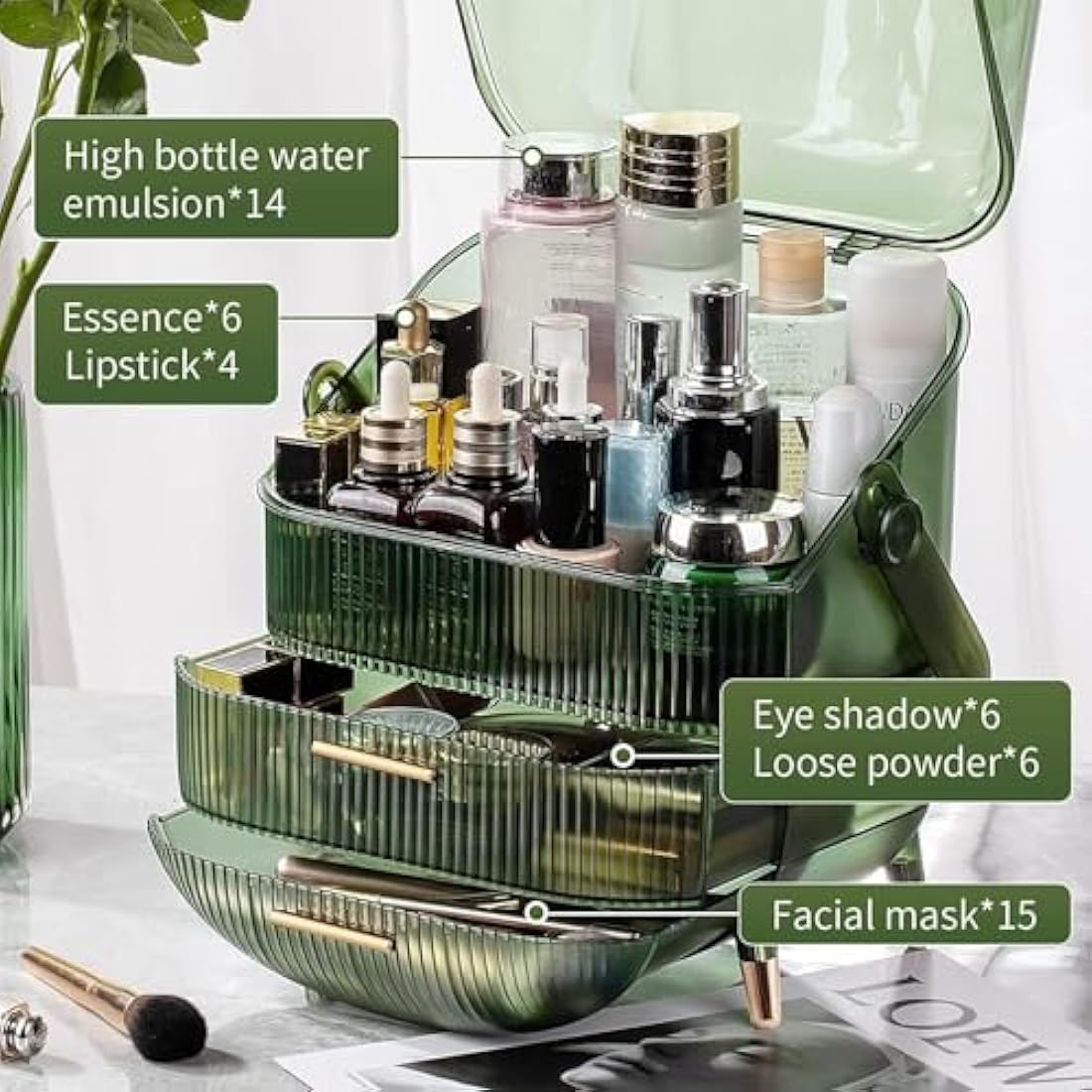 SIOOUI Makeup Organizer, 3 Layers Large Capacity Cosmetic Storage, Cosmetic Display Case with 2 Storage Drawers, Cosmetic Organizer for Bathroom Counter, Vanity Countertop, Bedroom (Clear Green)