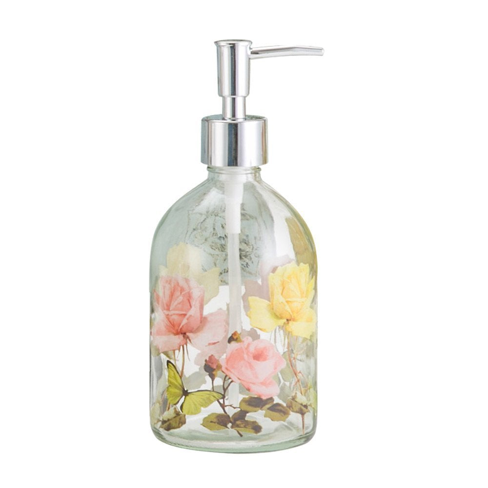 DUSVALLY Glass Soap Dispenser Bottle for Bathroom,Kitchen with Pump,Flower