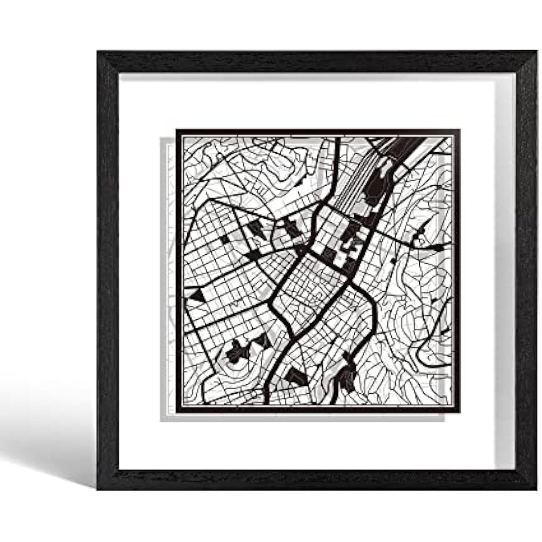 O3 DESIGN STUDIO Stuttgart Paper Cut Map framed, Black map, Black frame, 9x9 inches, Gift Boxed, 2 background color, self-changing, Paper Art